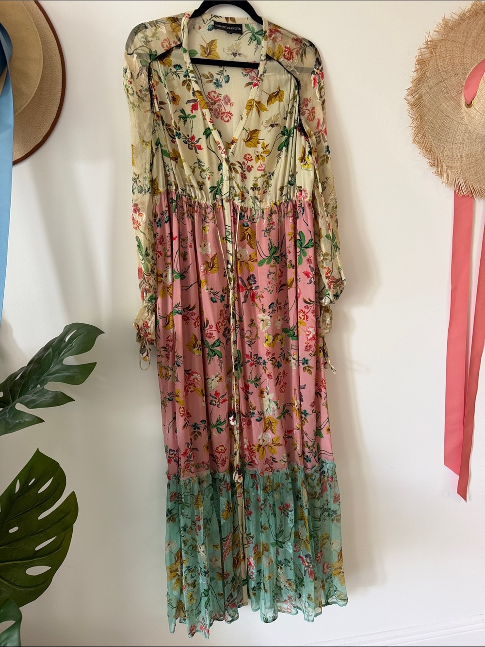 HEMANT & NANDITA Cream Floral Tie waist dress with Yellow & Green Accents